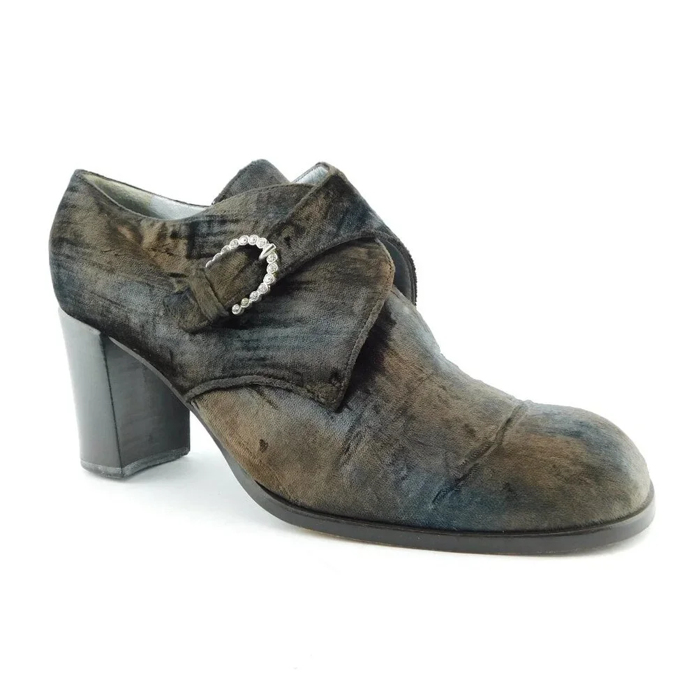 MAGLI BRUNO MAGLI Crystal Buckle Brown Velvet Block Heel Ankle Boots 41